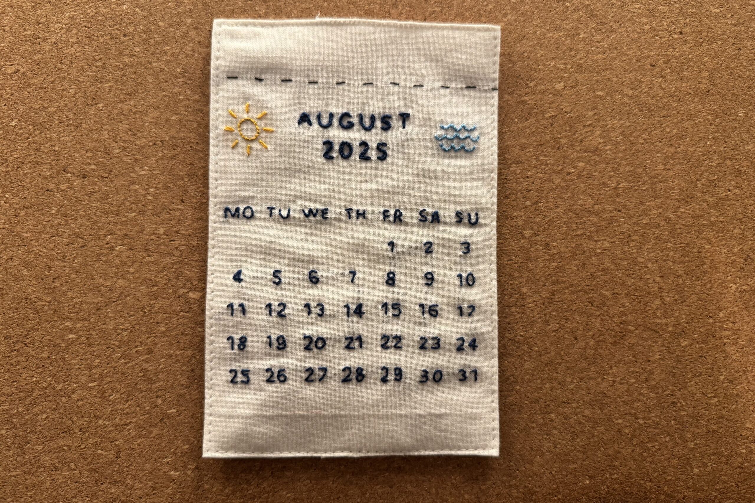 August 2025 Calendar Hand Embroidery